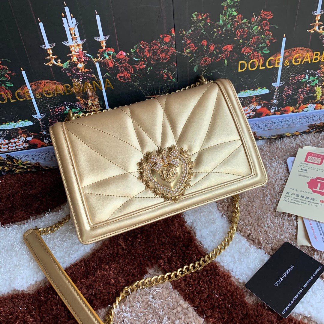 large devotion 26 shouder bag gold metalic cafskin