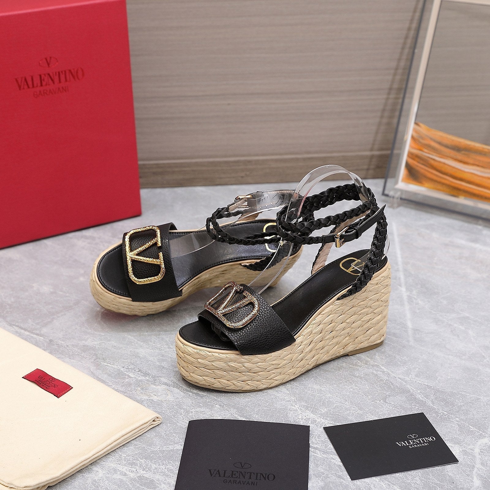 VT Wedge Platform Sandals Black Cowhide Espadrilles 363030