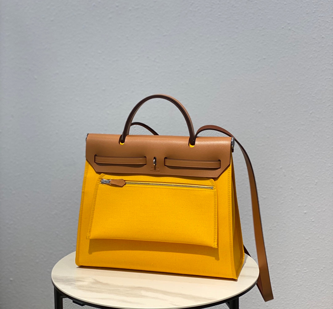 Herbag 31 Toile Yellow Canvas Gold Cowhide Leather