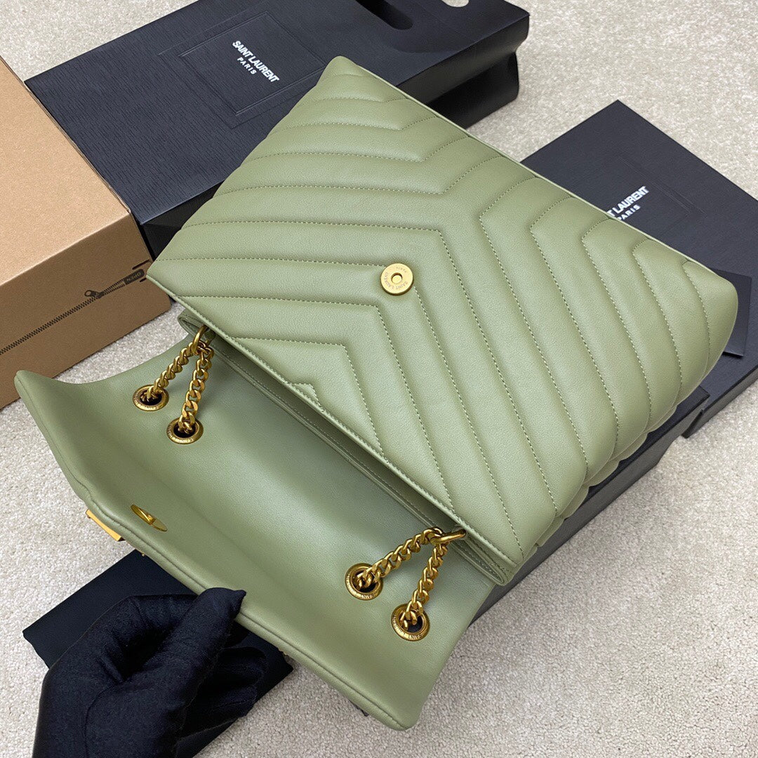 LOULOU MEDIUM 32 KHAKI GREEN QUILTED LEATHER GOLD HARDWARE