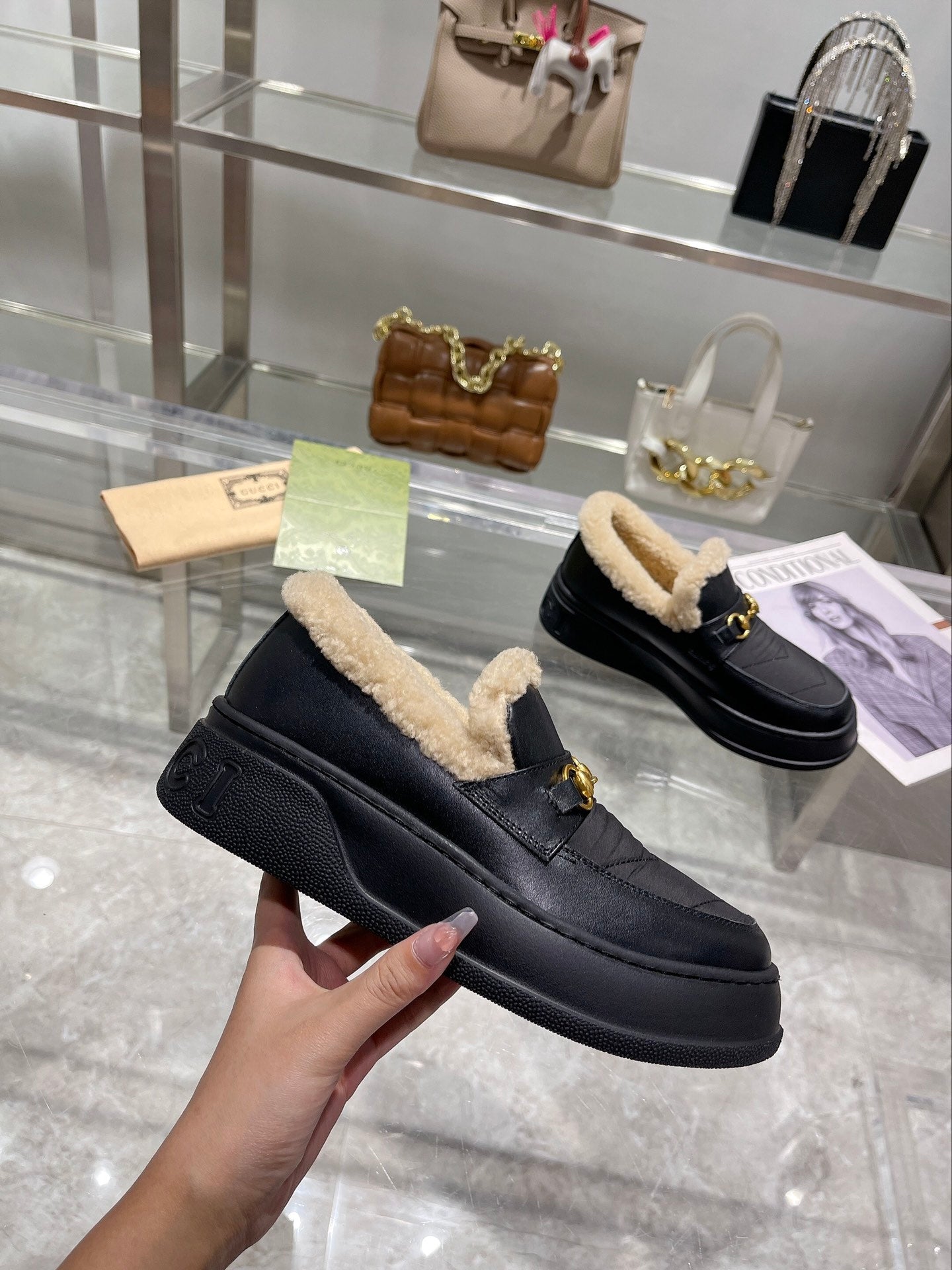 GG Snow Boots Black Calfskin Wool 576242