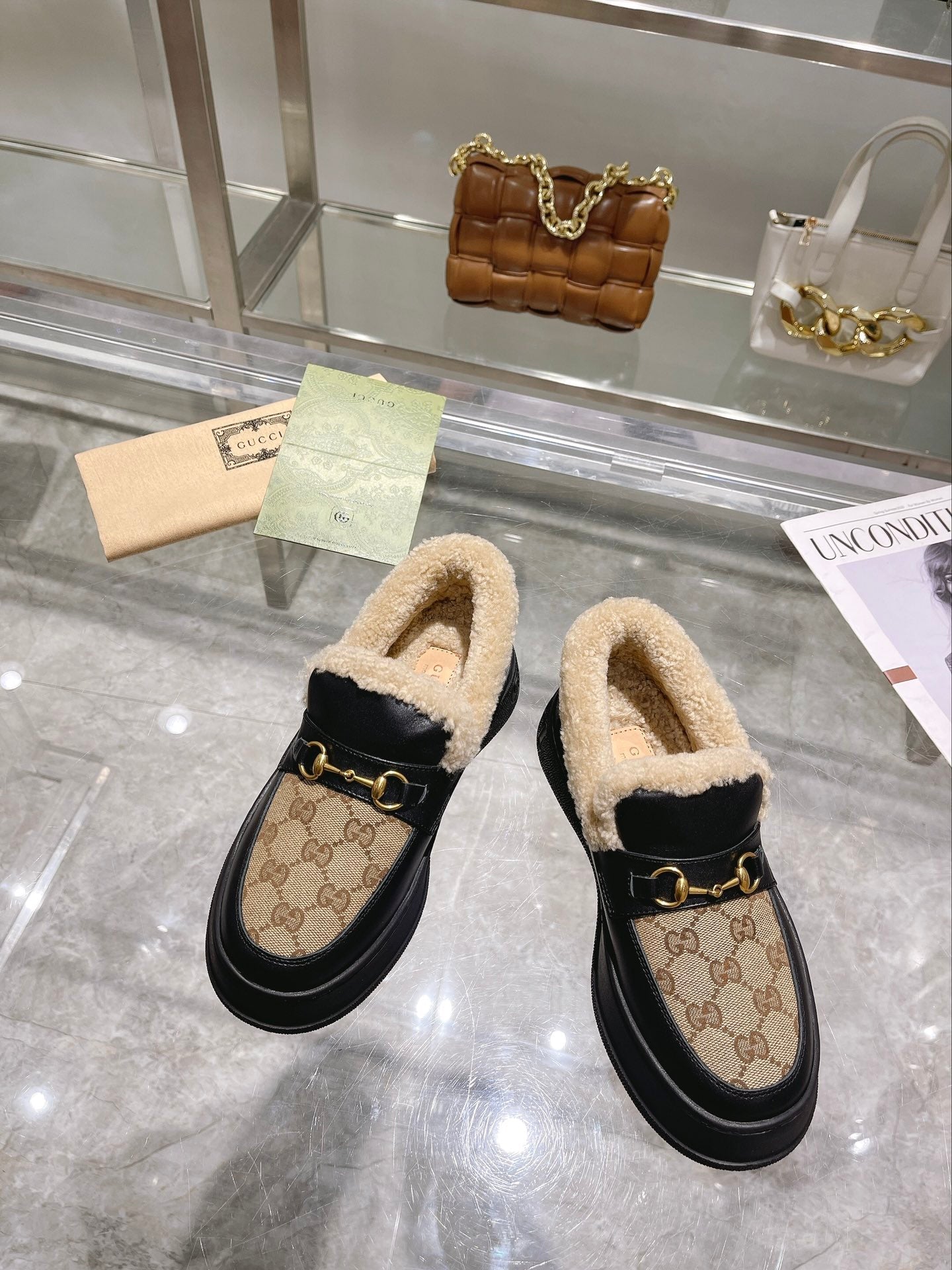 GG Snow Boots Black Beige Calfskin Denim Wool 576250