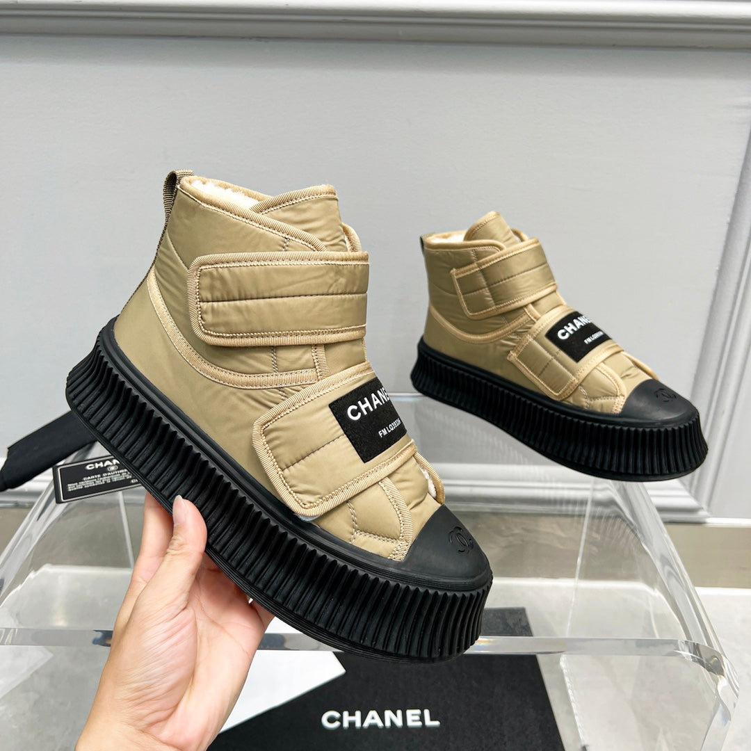 CC High Top Sneaker Thick-Soled Beige Rain Velvet Fabric