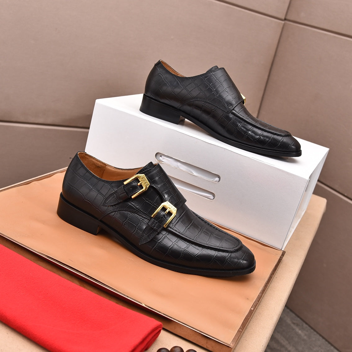 GG Men's Double Monk Strap Loafer Black Embossed Cowhide