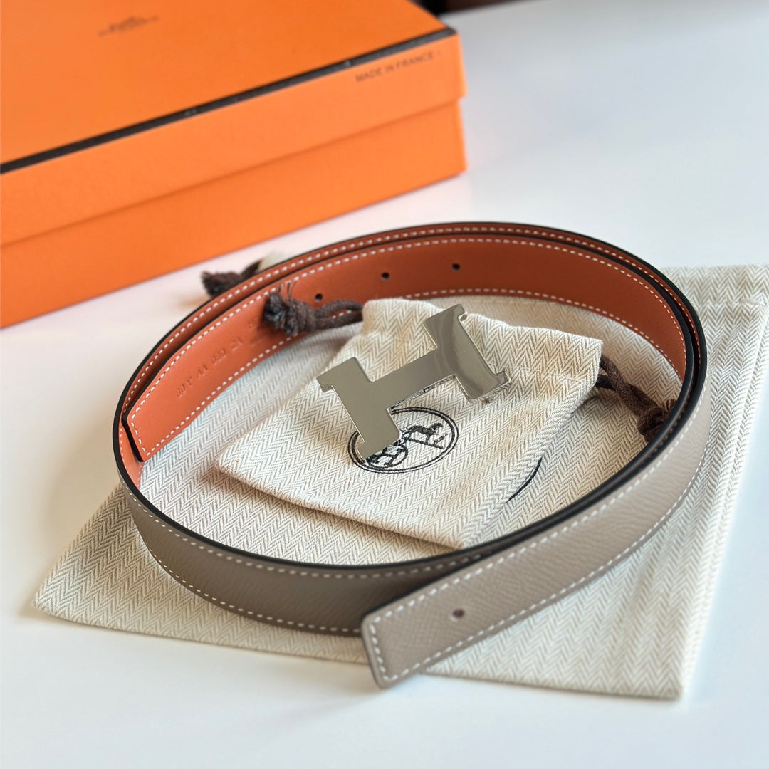 HM Silver Constance & Reverible Belt Brown Etoupe Leather 125372