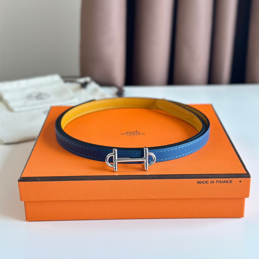 HM GAMMA BUCKLE & REVERSIBLE GOLDEN AND BLUE LEATHER STRAP 13MM SILVER HARDWARE