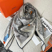 Retour A La Nature Shawl 140 CM White Black Colorful Silk