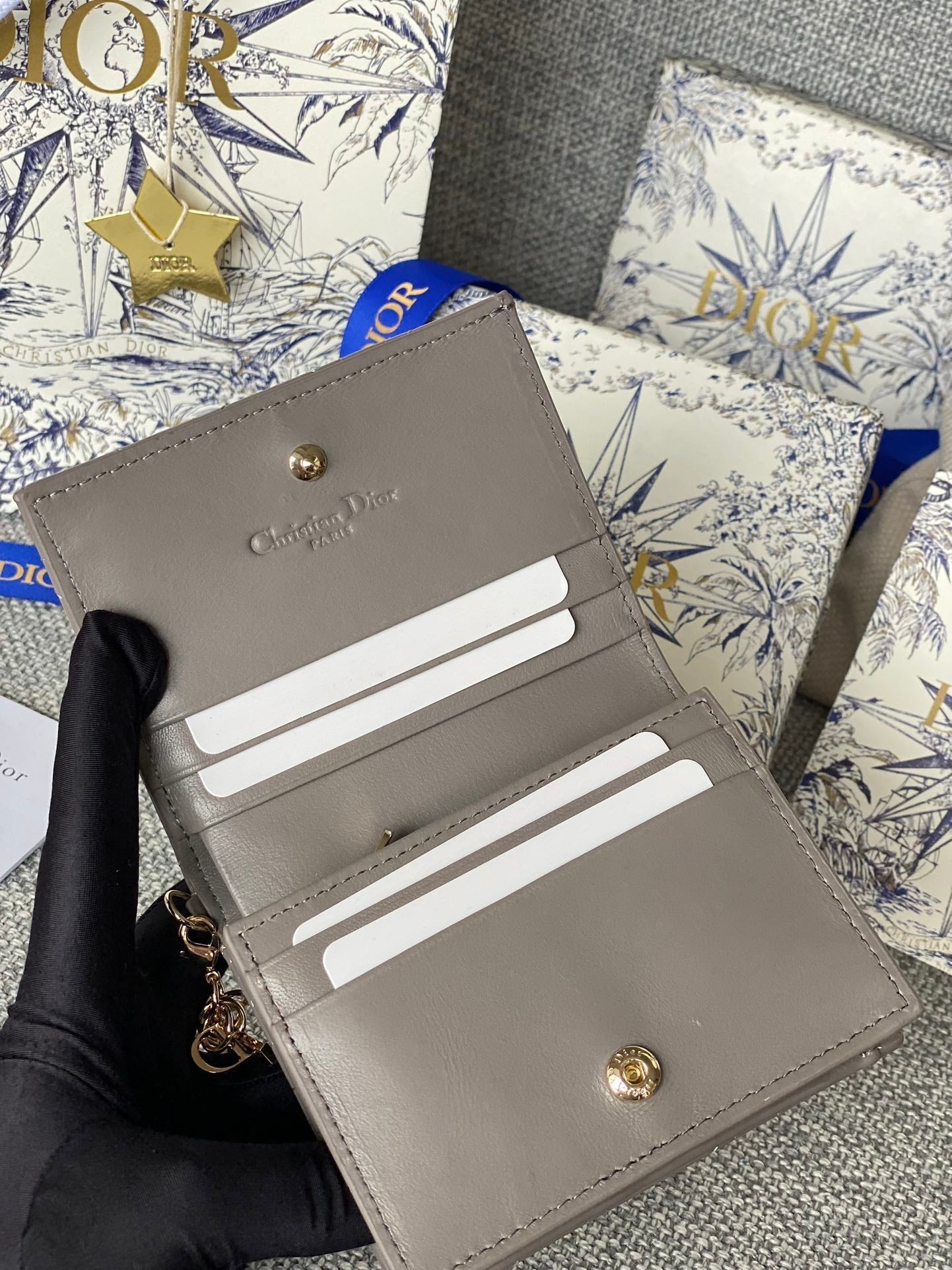 CD Caro 11cm Compact Wallet Shiny Grey Calfskin