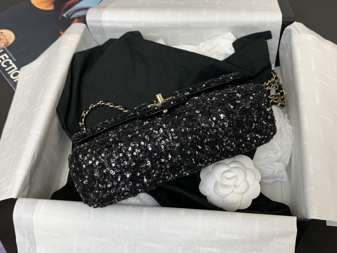 25C Flap Bag 20cm Black Polka Dot Silver Sequin Calfskin