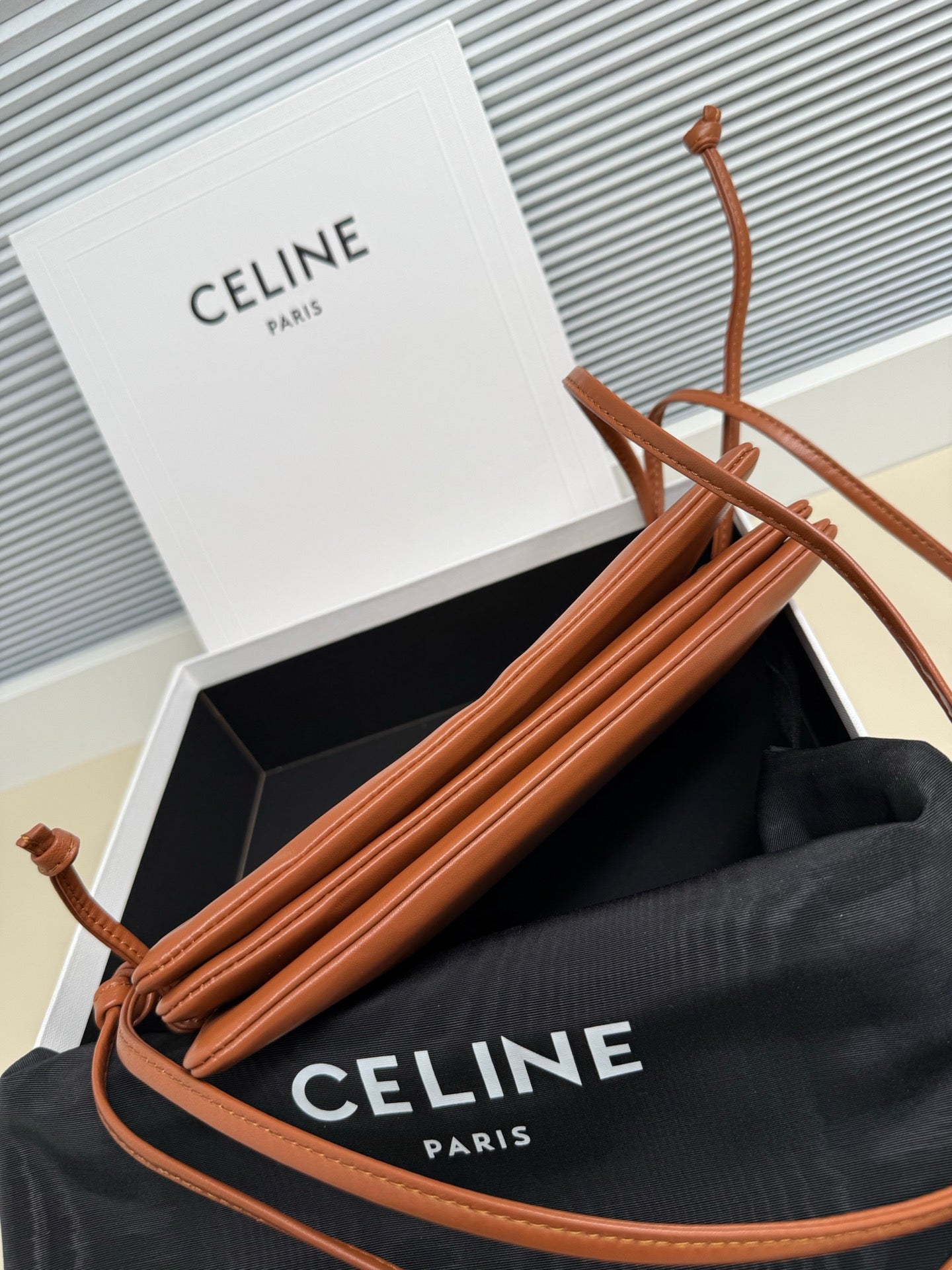 Celine 2025 Trio Flap Bag 22cm Brown Smooth Lambskin Leather