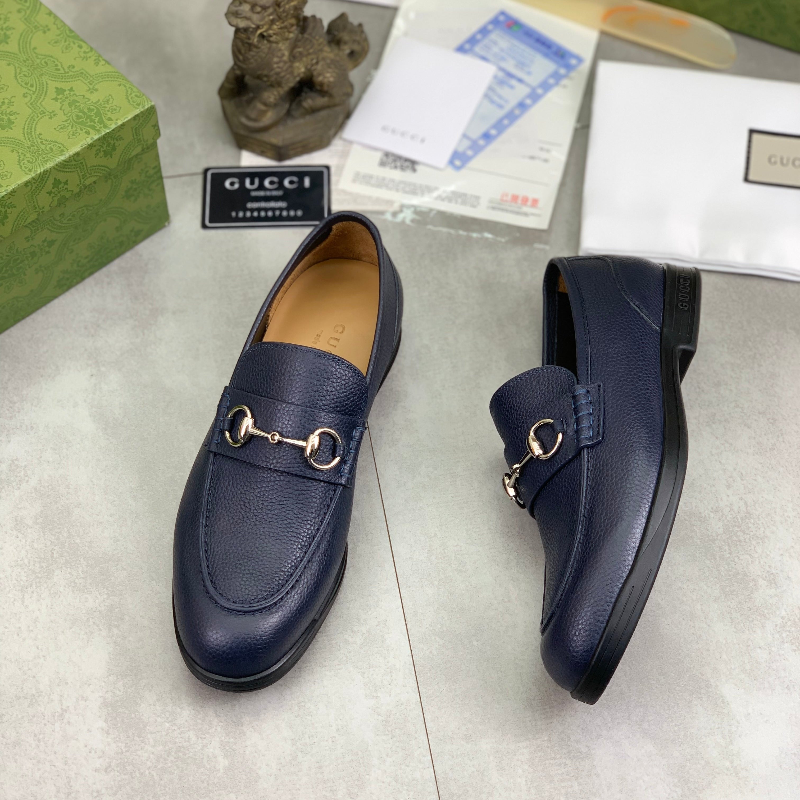 GG Men's Horsebit Loafer Navy Blue Silver Cowhide 524771
