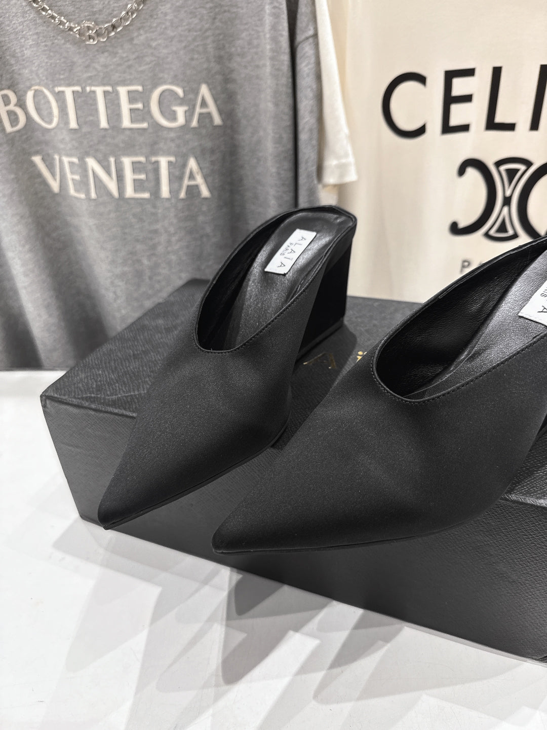 Alaia 25 Cube Wedge Mules Black Silk Sheepskin 300084