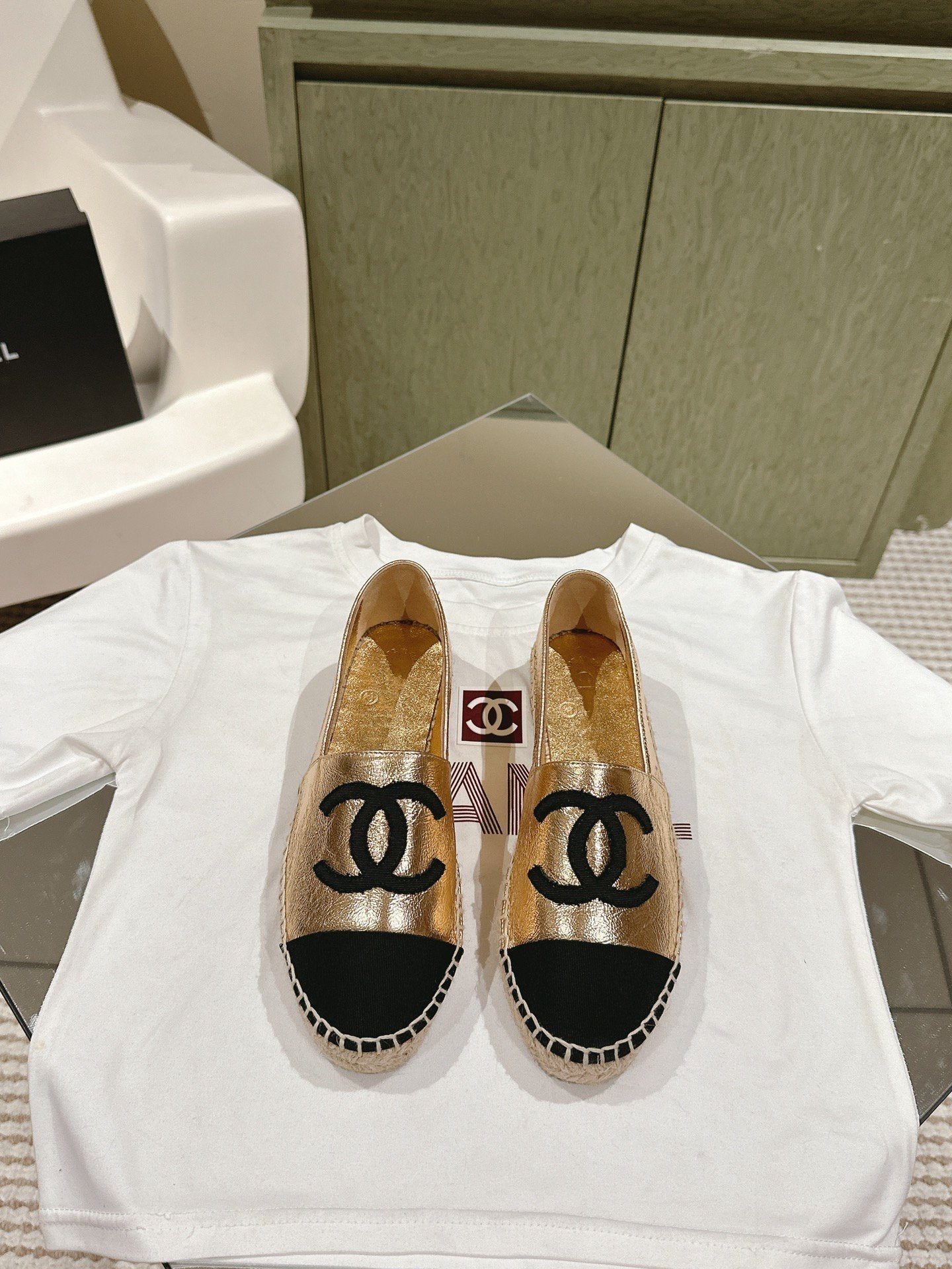 espadrilles gold metalic calfskin black canvas