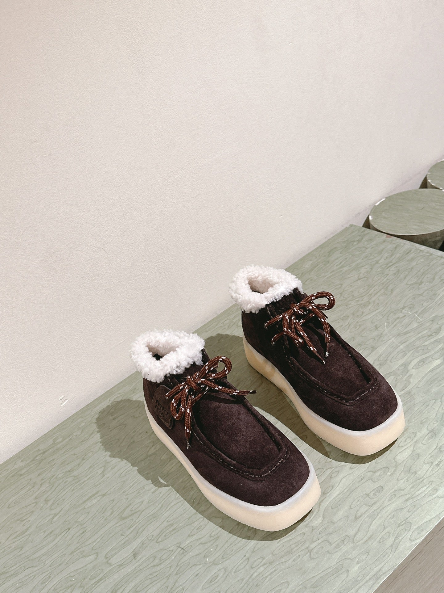 Miu Ankle Boots Brown Earth Fleece Lining Suede