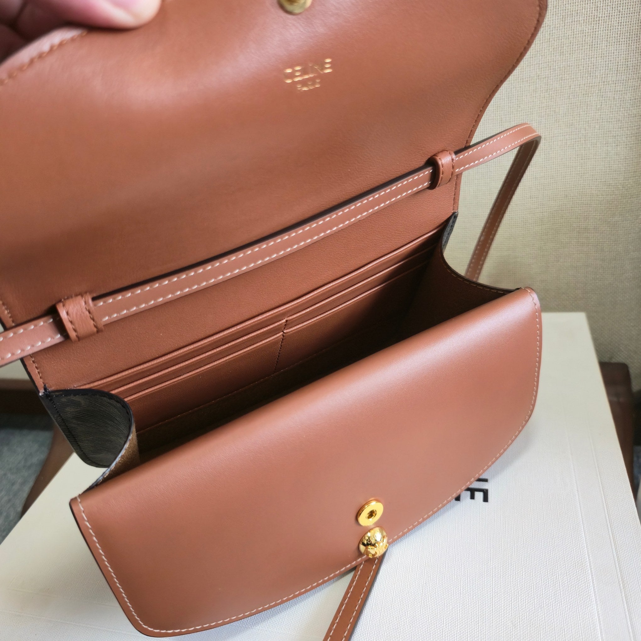 Celine 2025 Duo Wallet On Strap Bag 20cm Black Tan Canvas Calfskin 276321