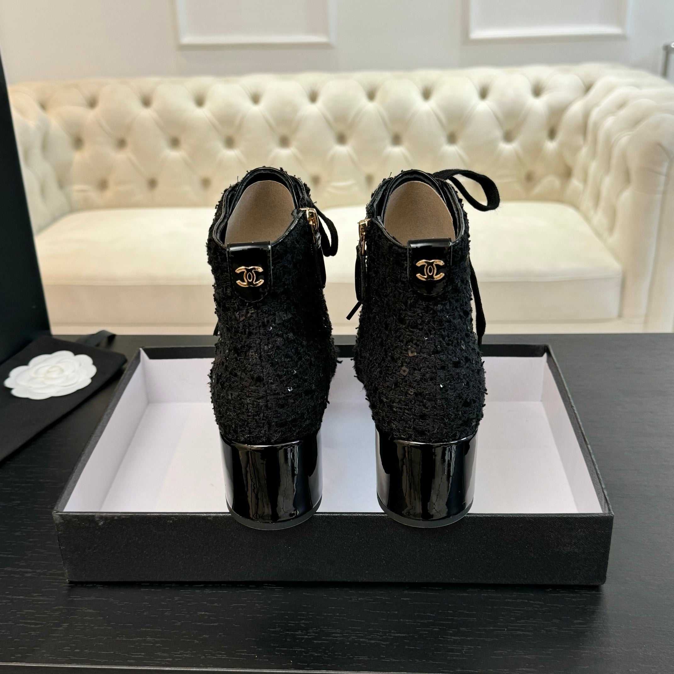 CC Ankle Boots Black Beaded Tweed Fabric And Lambskin