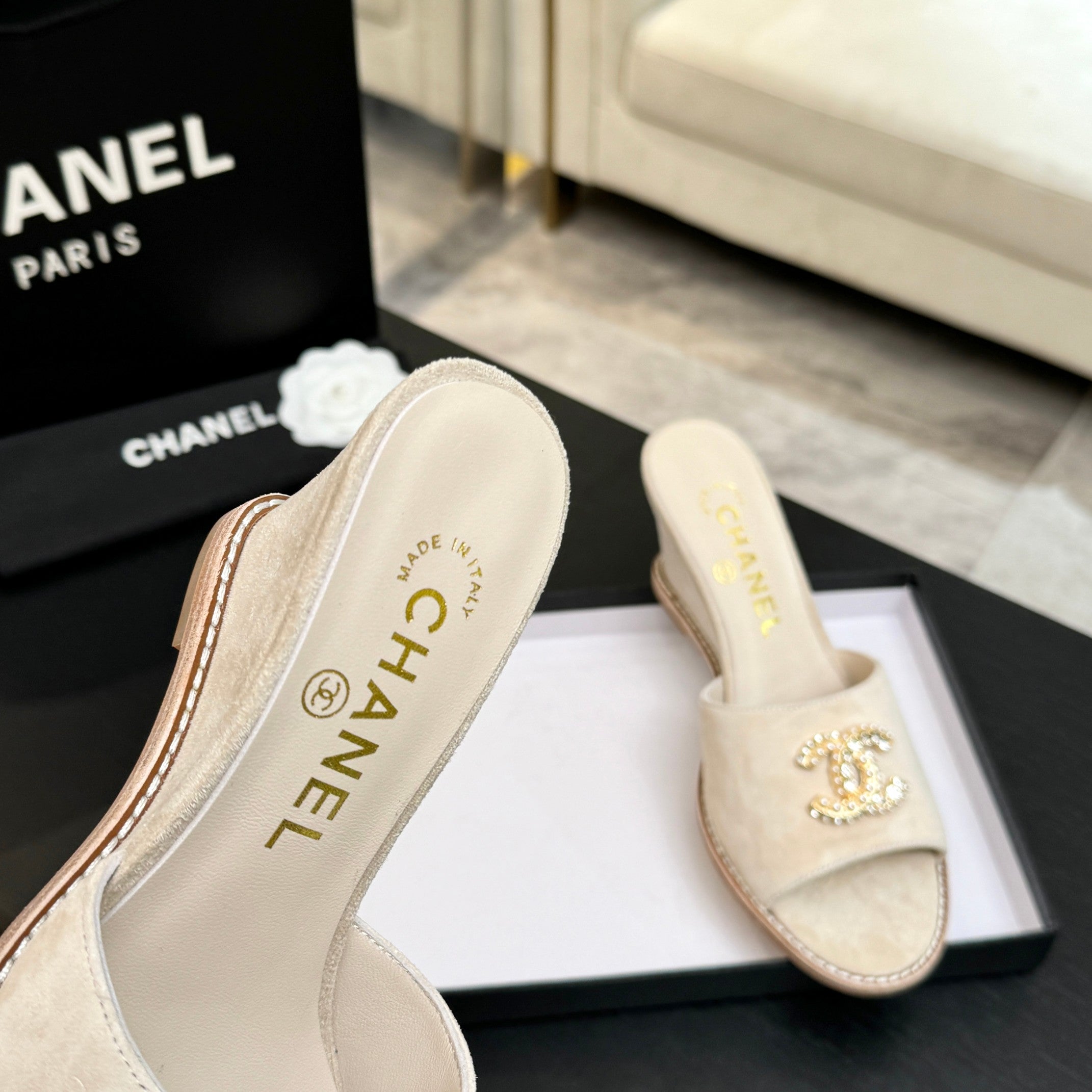 CC 2026 Wedge Sandals 65 Light Beige Suede 667773