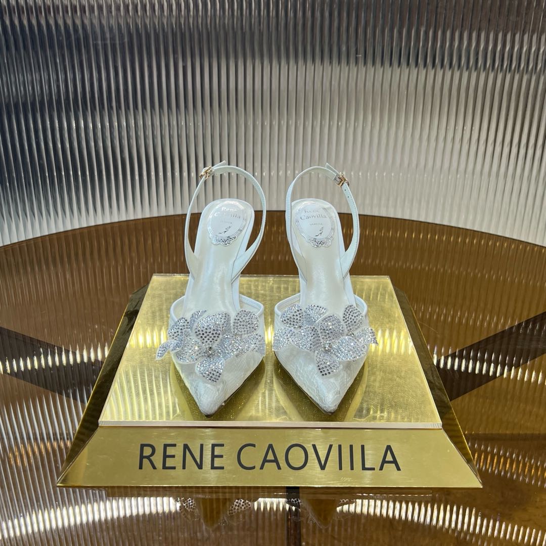 RC 25C Flower-Studded Diamond High-Heeled Sandals White Sheepskin 174905