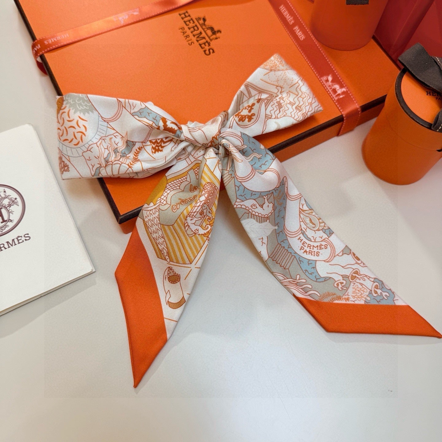 HM Twilly Mini Scarf 86CM Beige Orange Colorful Mulberry Silk 957047