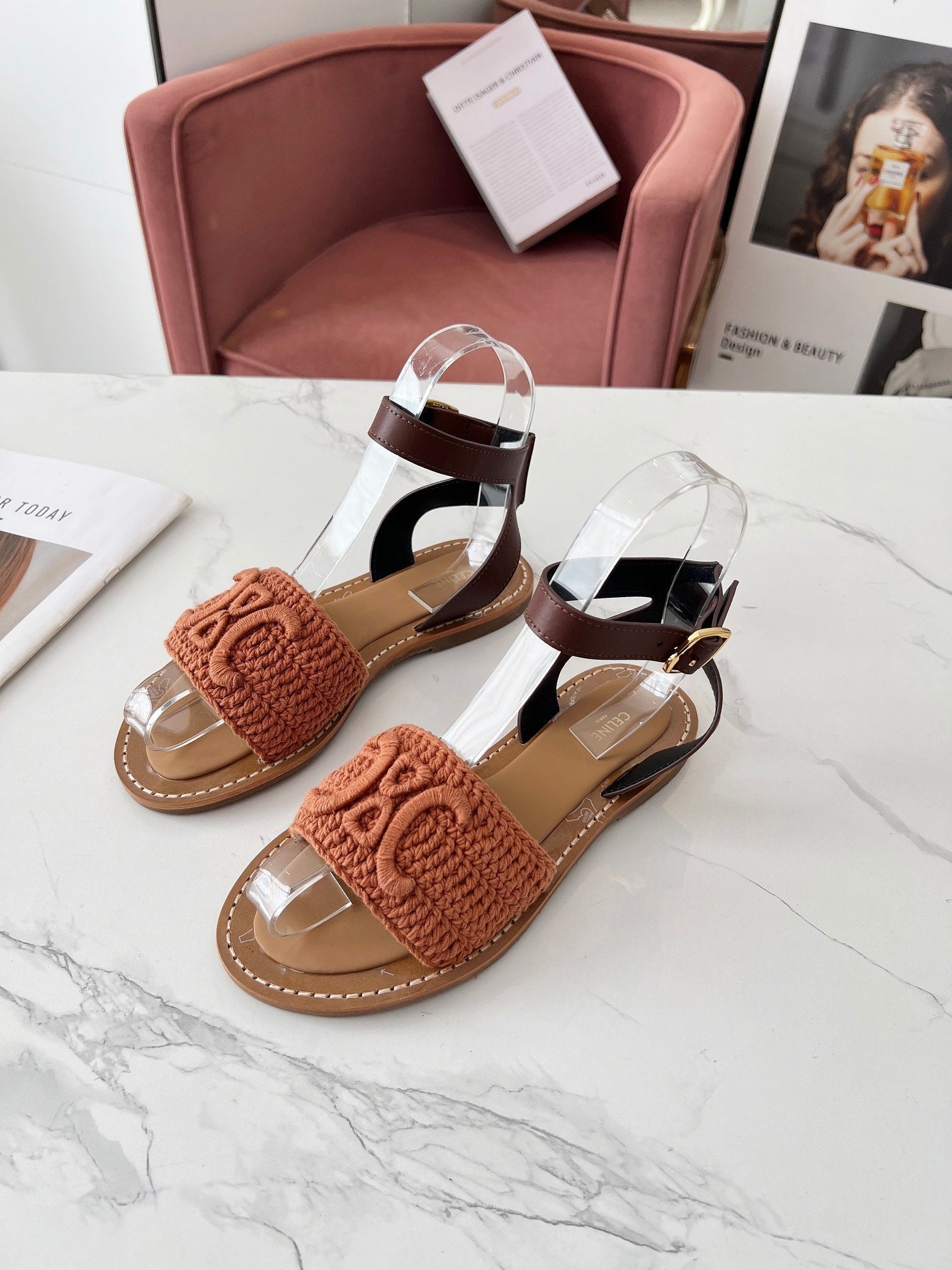 Celine 25C Lympia Sandal Melon Orange Fabric with Calfskin 238174