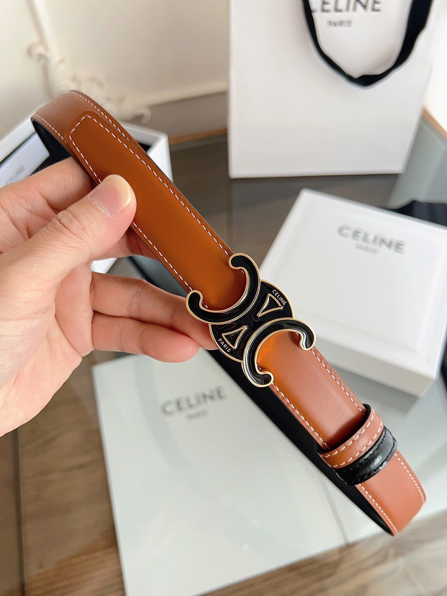 CL Black 25mm Triomphe Enamel Black Orange Cowhide  615281