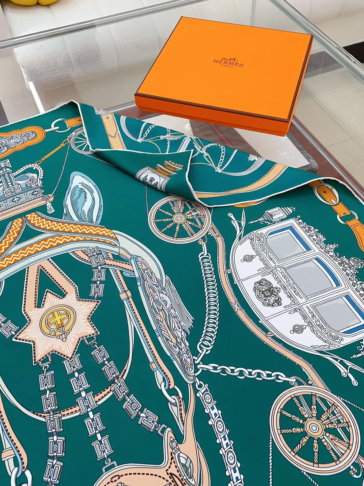 Stately Wheels Scarf 90 CM Dark Green Colorful Silk Twill 312875