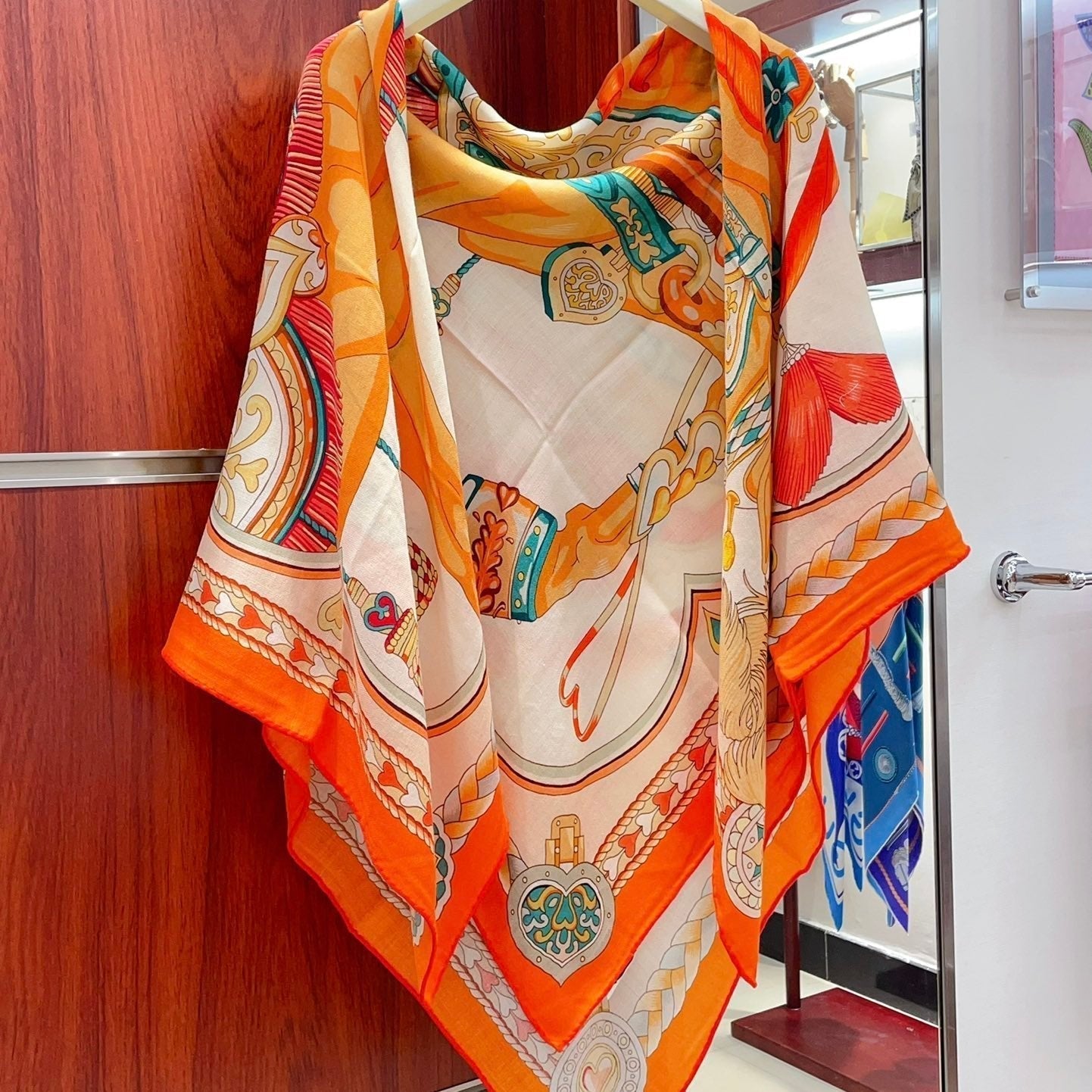 Carré Harnais De Cœur Scarf 140 CM In Orange Colorful Cashmere And Silk 335856