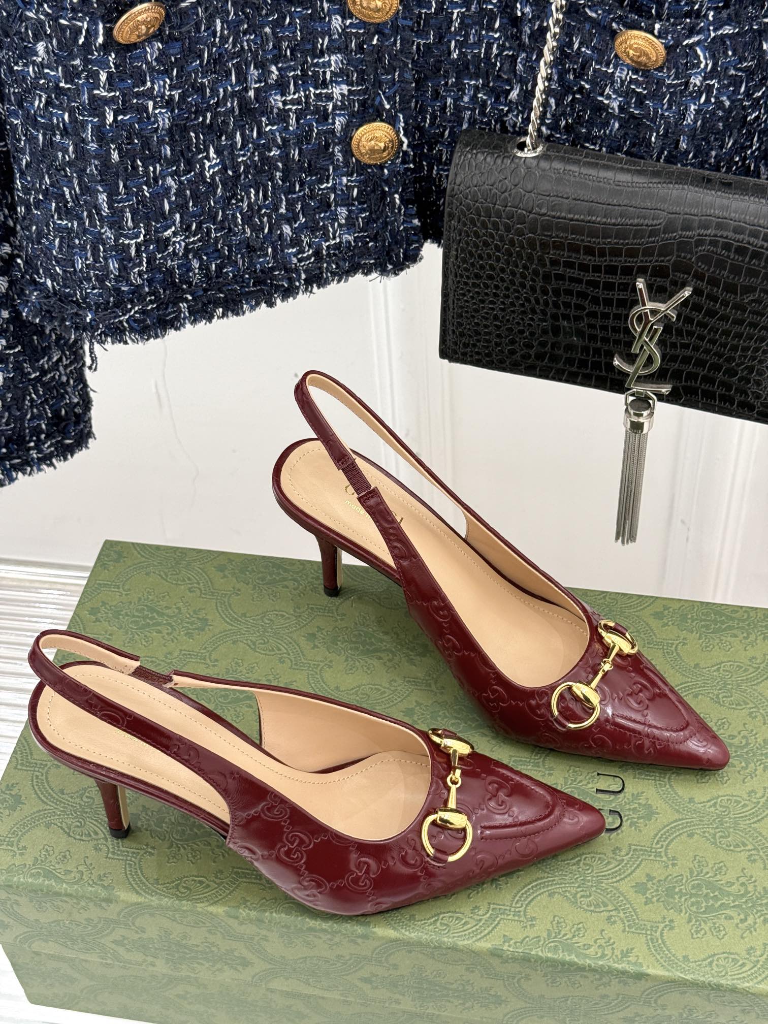 GG Horsebit Slingback 85MM Burgundy GG Leather Point Toe