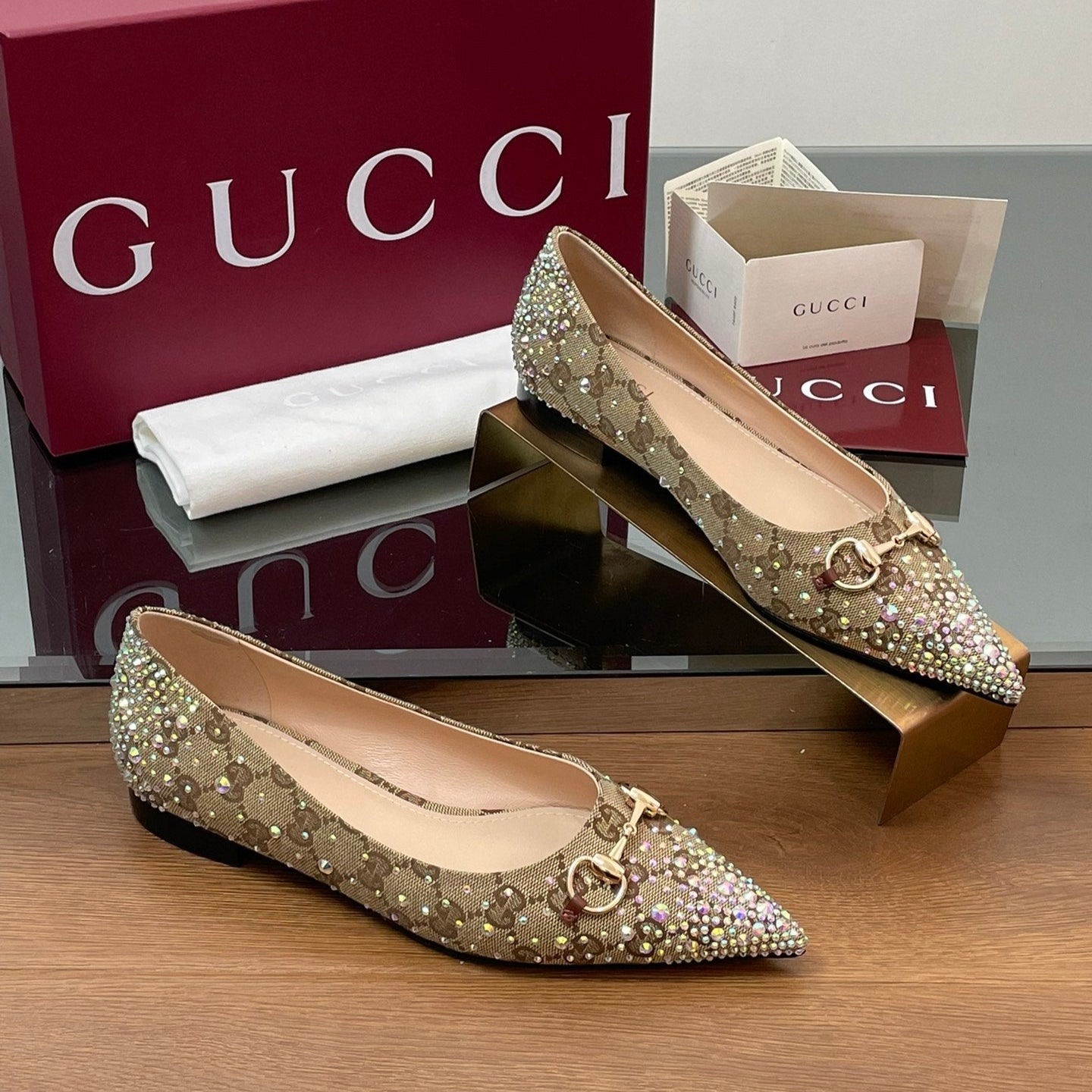GG Horsebit Ballet Flat Beige Ebony Monogram Canvas Crystal-Embellished