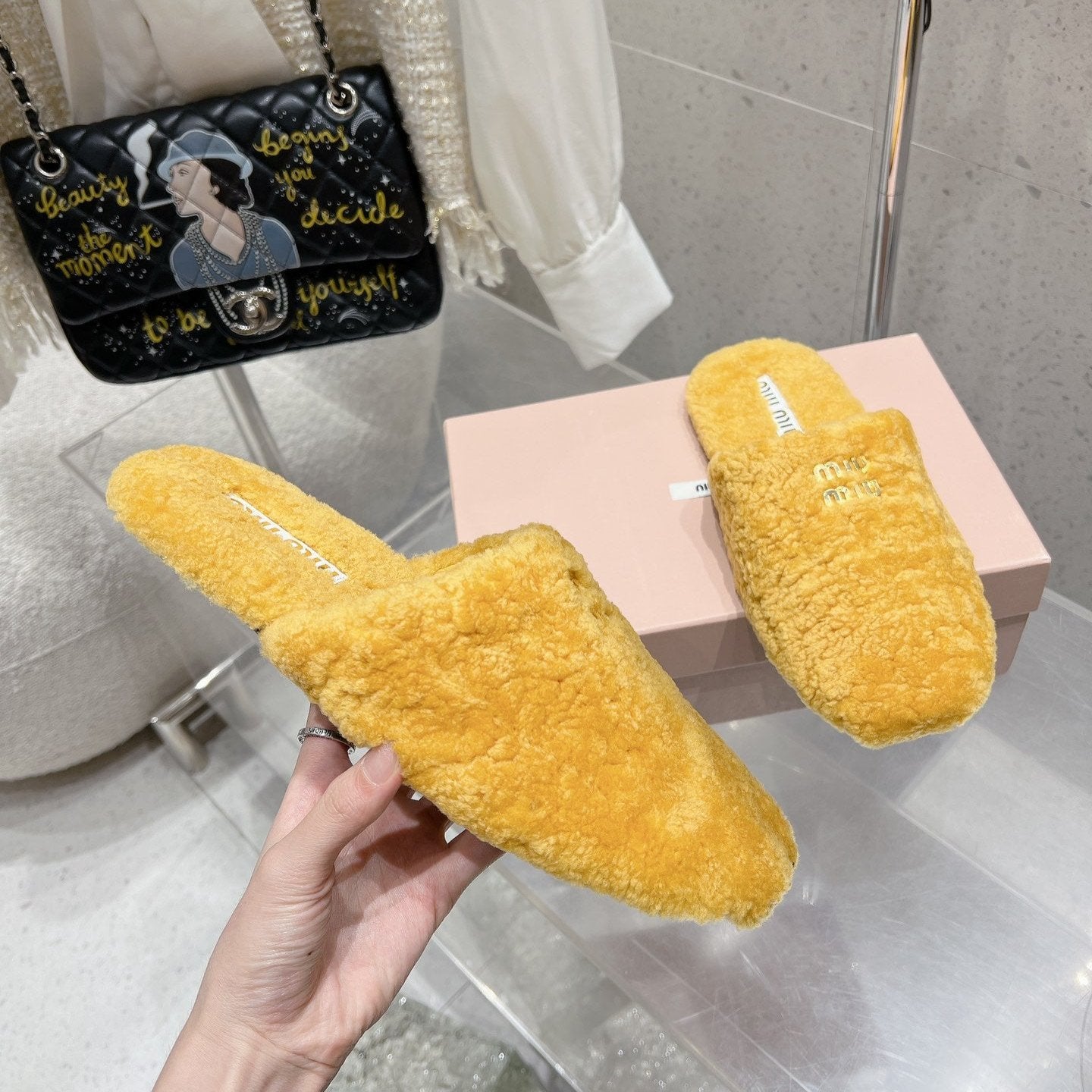 Miu Slippers Dark Yellow Wool Fabric