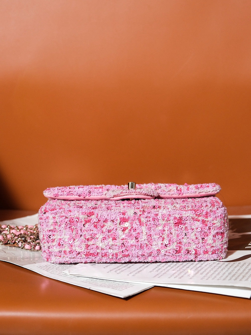 24S Flap Bag 20cm Pink White Sequin Calfskin