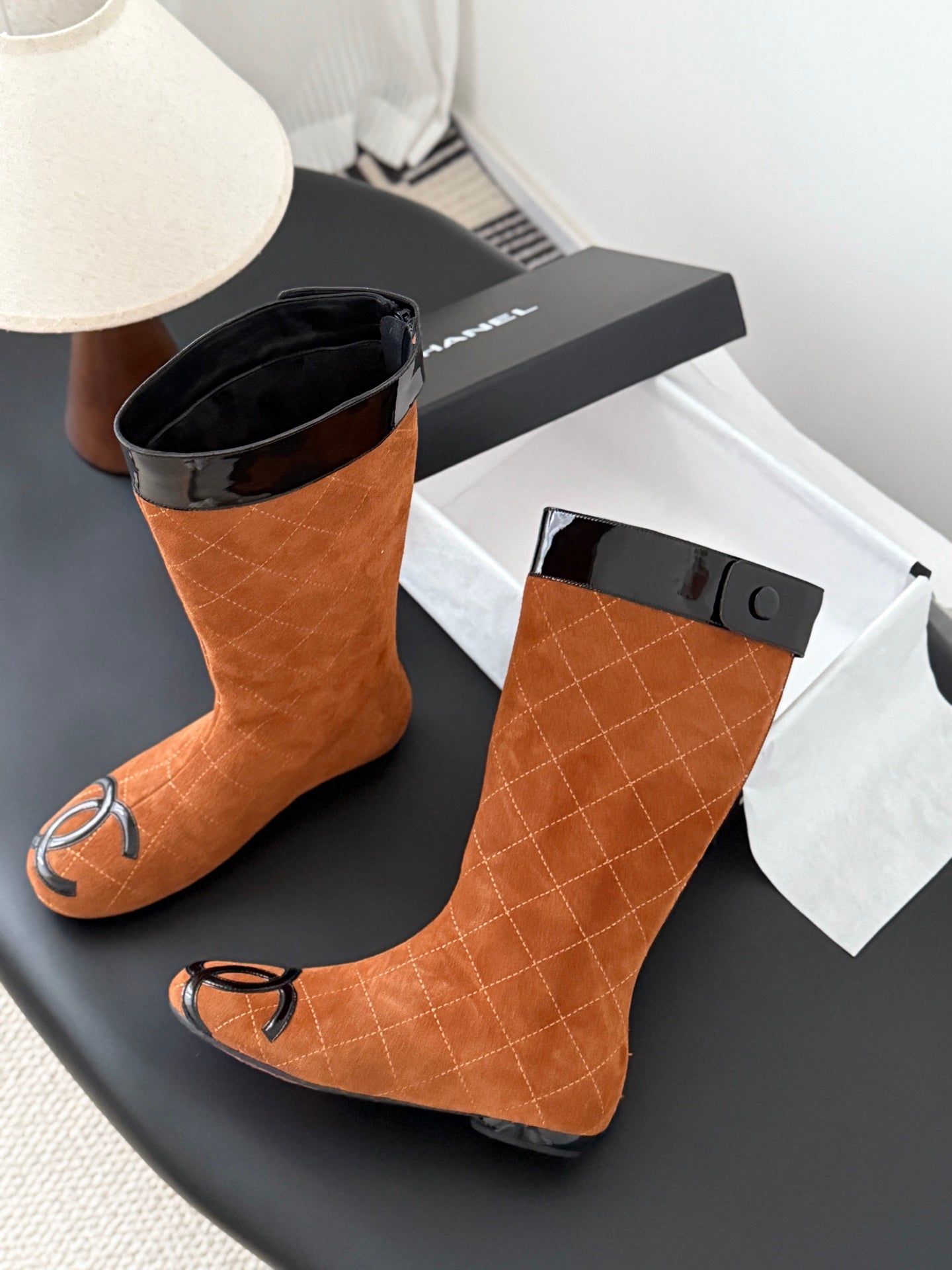 CC 2025 Vintage Cambon Mid-Calf Boots Brown Black Suede Patent Leather 550642
