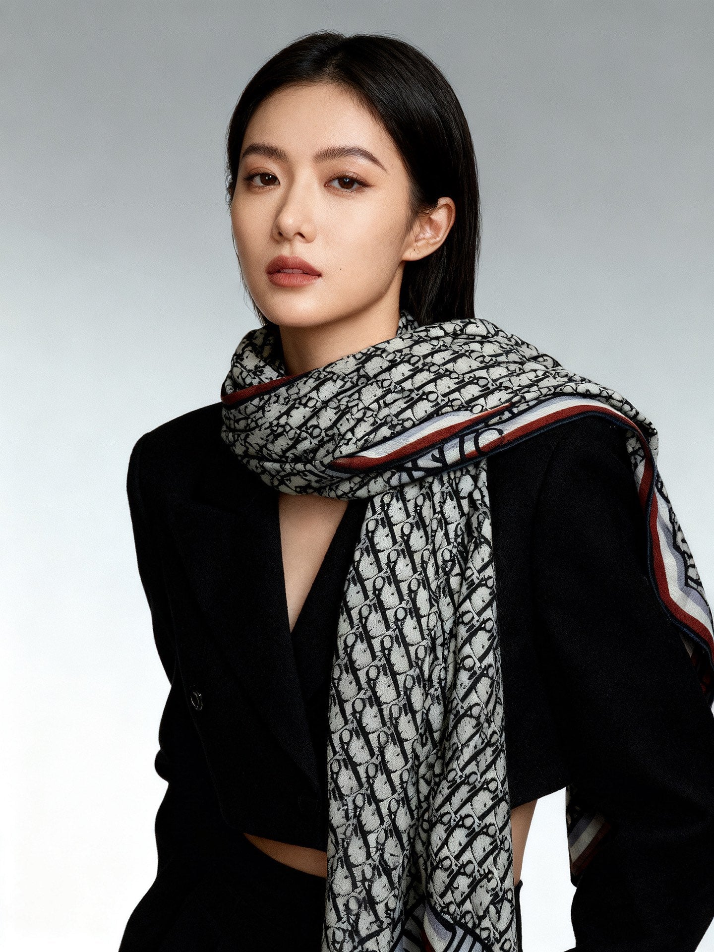 CD Monogram Scarf 140CM Dark Blue Cream Cashmere 293188