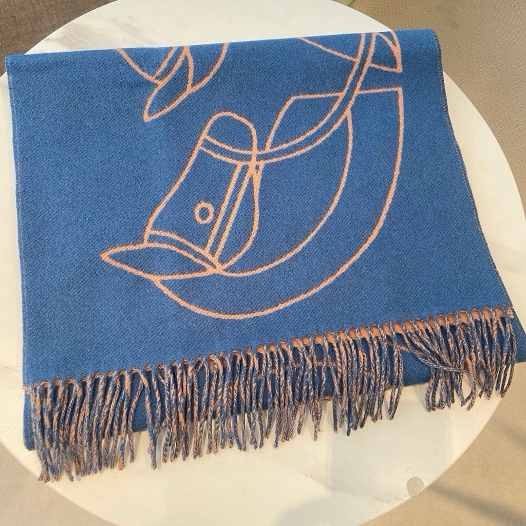 CASAQUE ENTRELACS EQUESTRES 190 CM SCARF IN AZURE BLUE CASHMERE