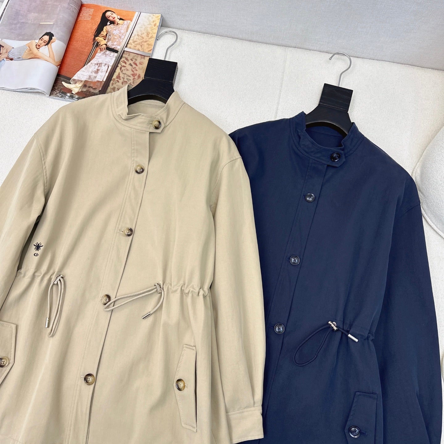 CD 25 Mid-length Trench Coat Blue and Beige Cotton Polyester 593395
