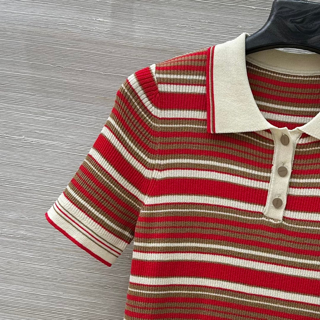 Fendi 25 Knitted Polo Short-sleeved Top Red Silk Cotton