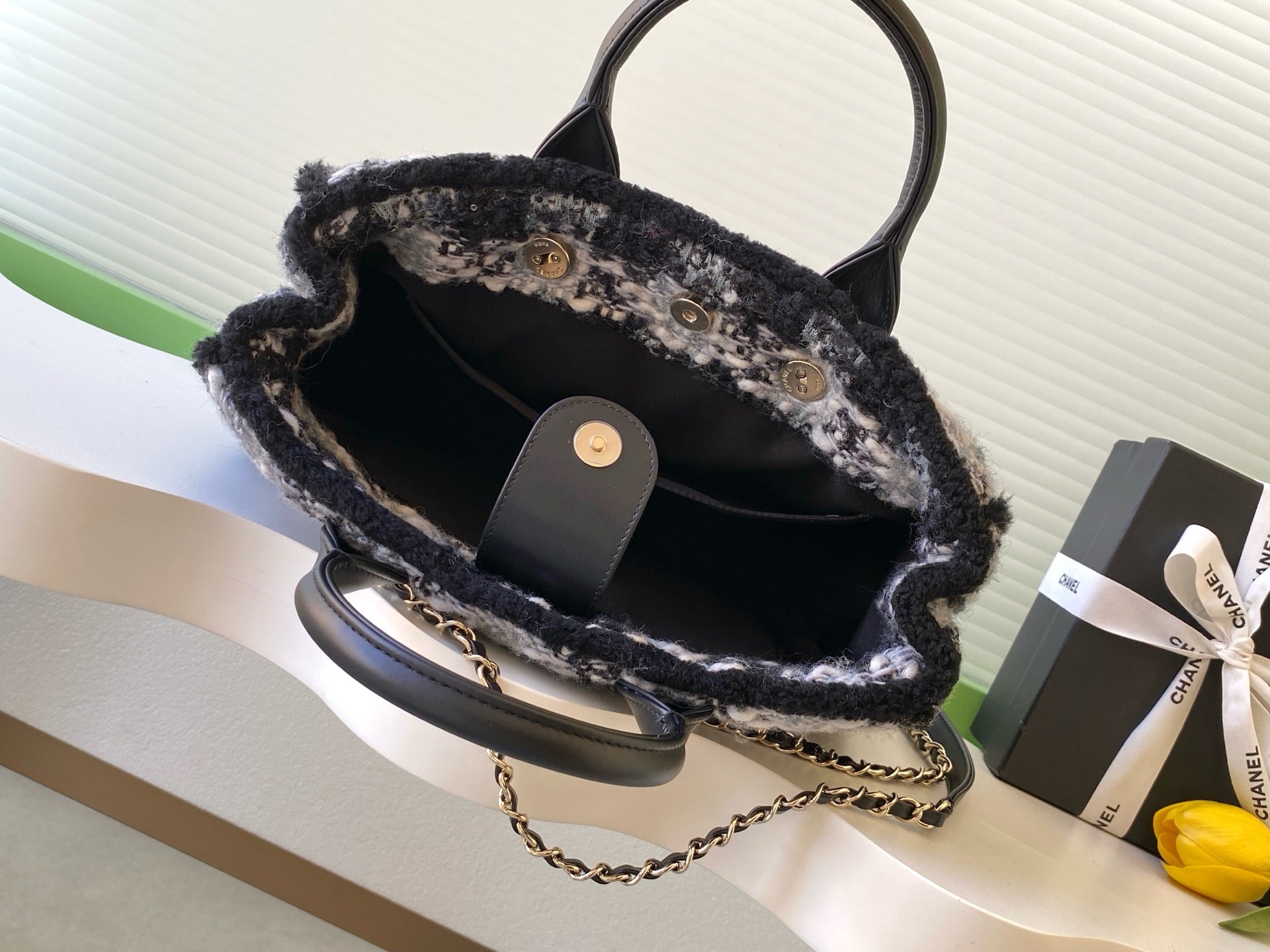 CC 2025 Bag Black Tweed Fabric Leather