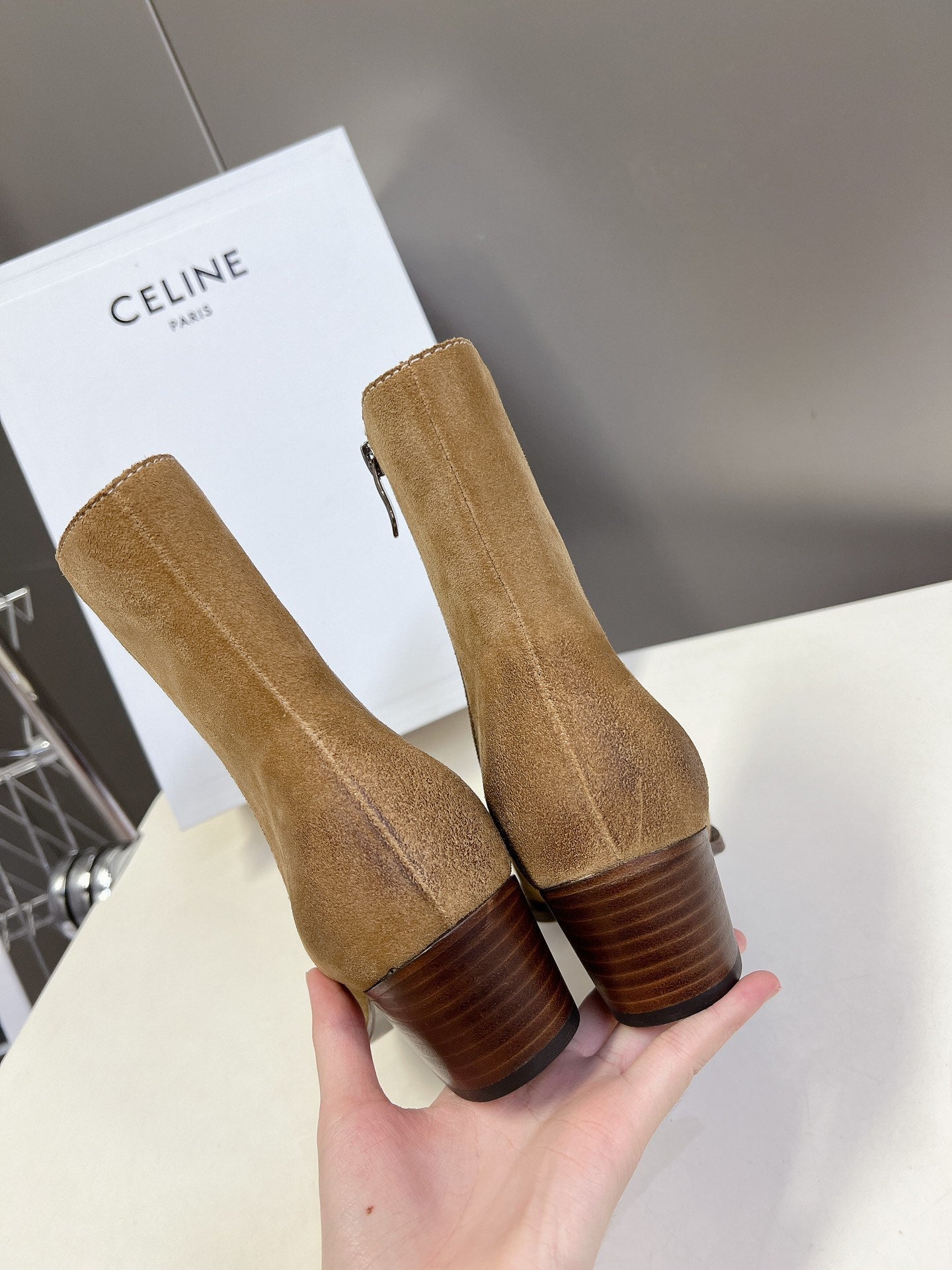 CELINE 25 Cowboy Boots Light Brown Suede 434415