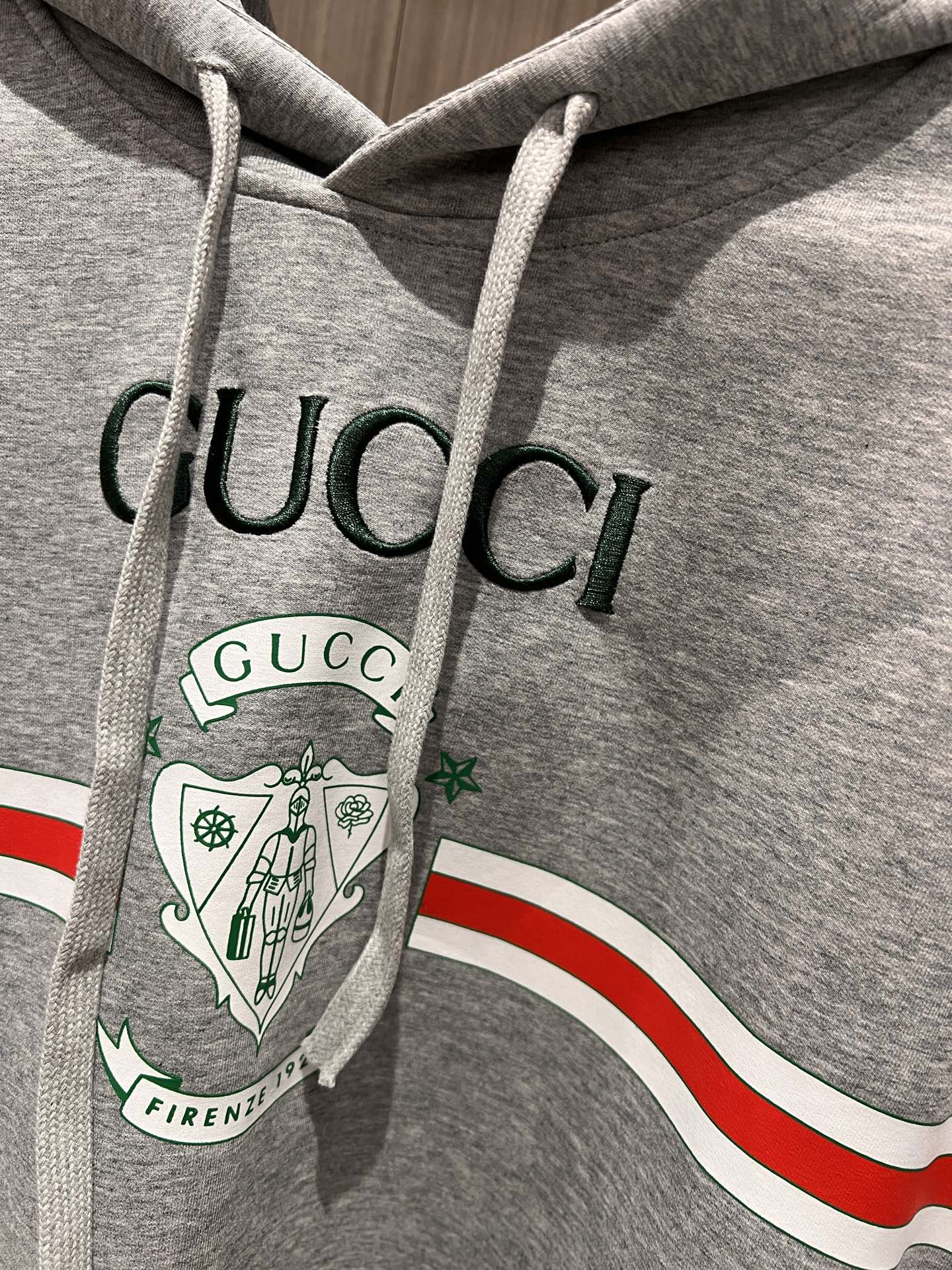 Gucci Embroidered Logo Badge Striped Print Hooded Gray Cotton