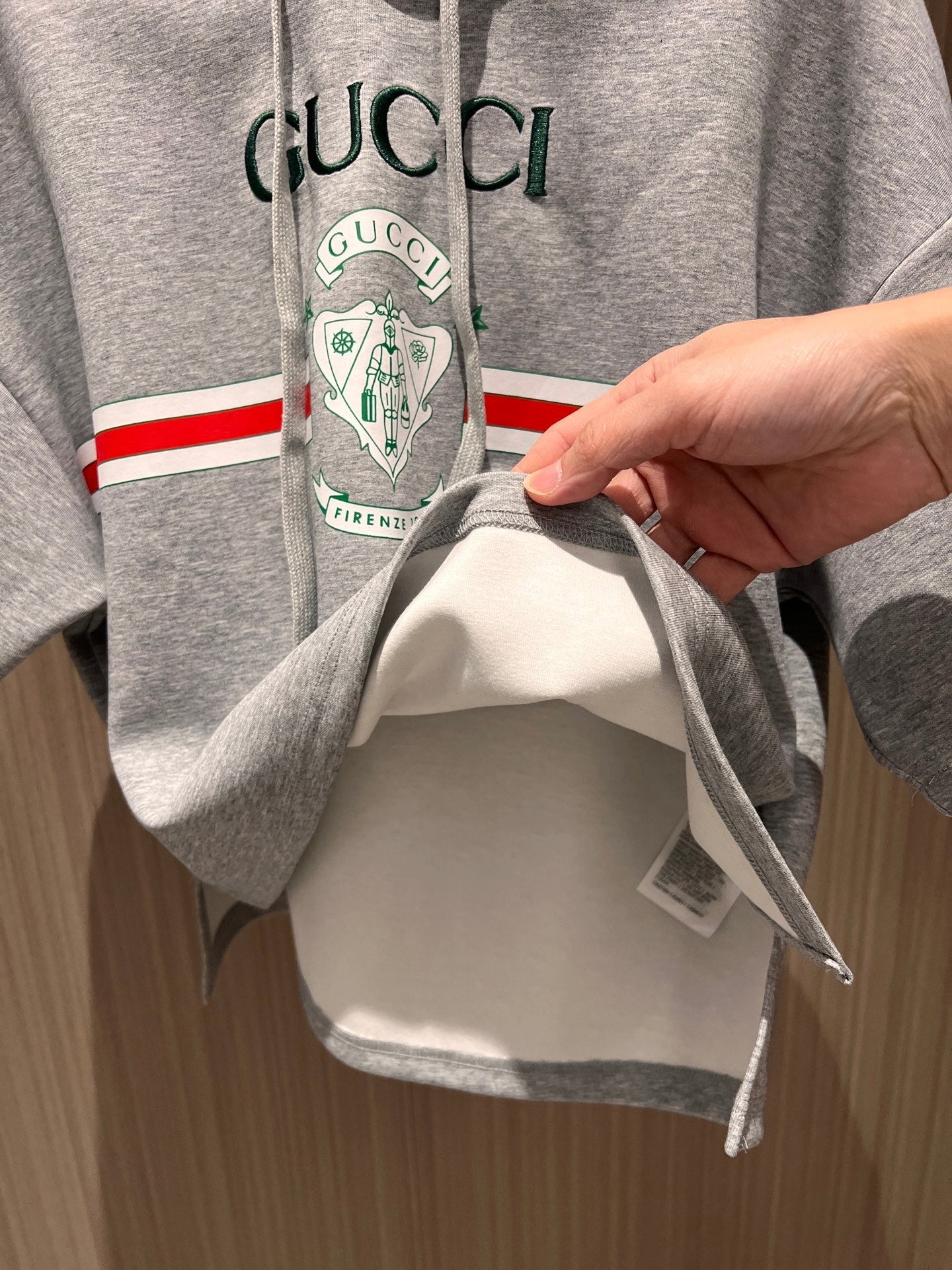 Gucci Embroidered Logo Badge Striped Print Hooded Gray Cotton