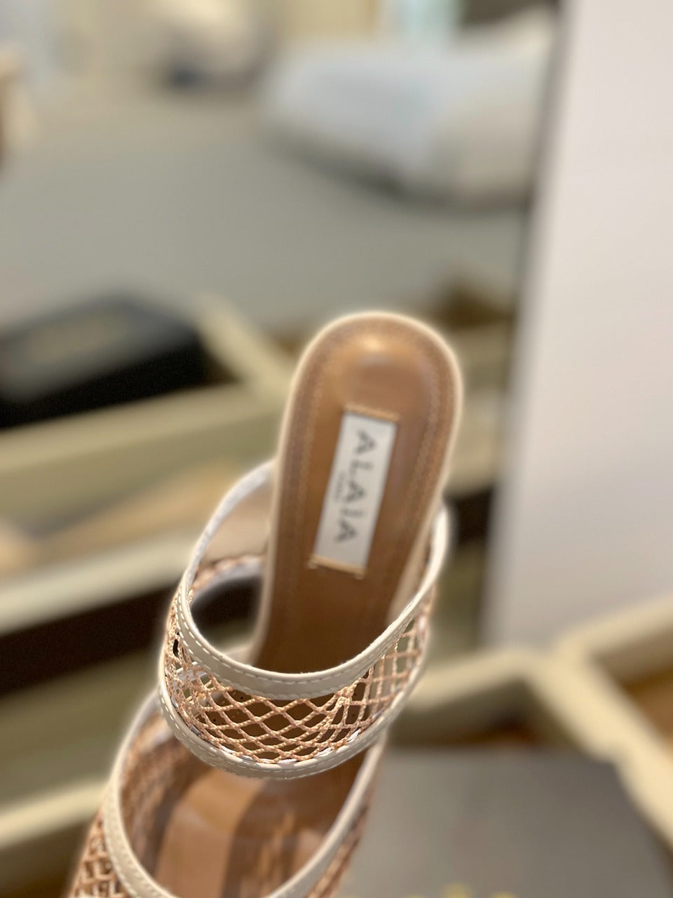alaia mule 85 fishnet cream heart lambskin